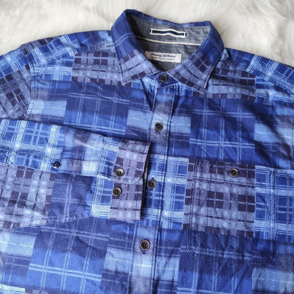 Tommy Bahama Button Down Shirt Mens M Blue Canyon Beach Flannel Patchwork Plaid